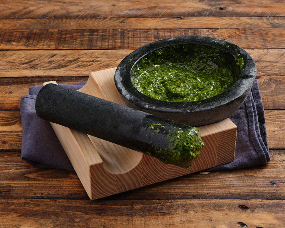 Holcomb mortar and pestle with basil pesto