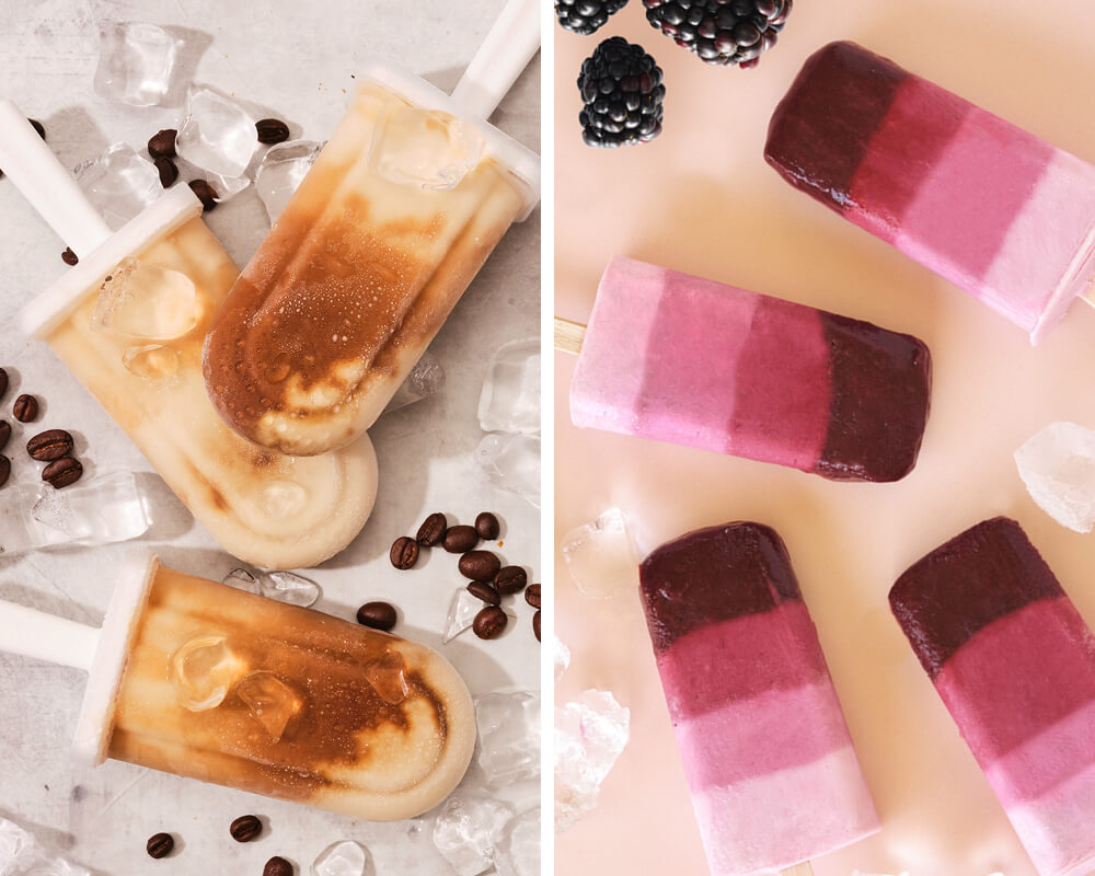 coffee popsicles with coffee beans and berry popsicles with berries on solid backgrounds with ice