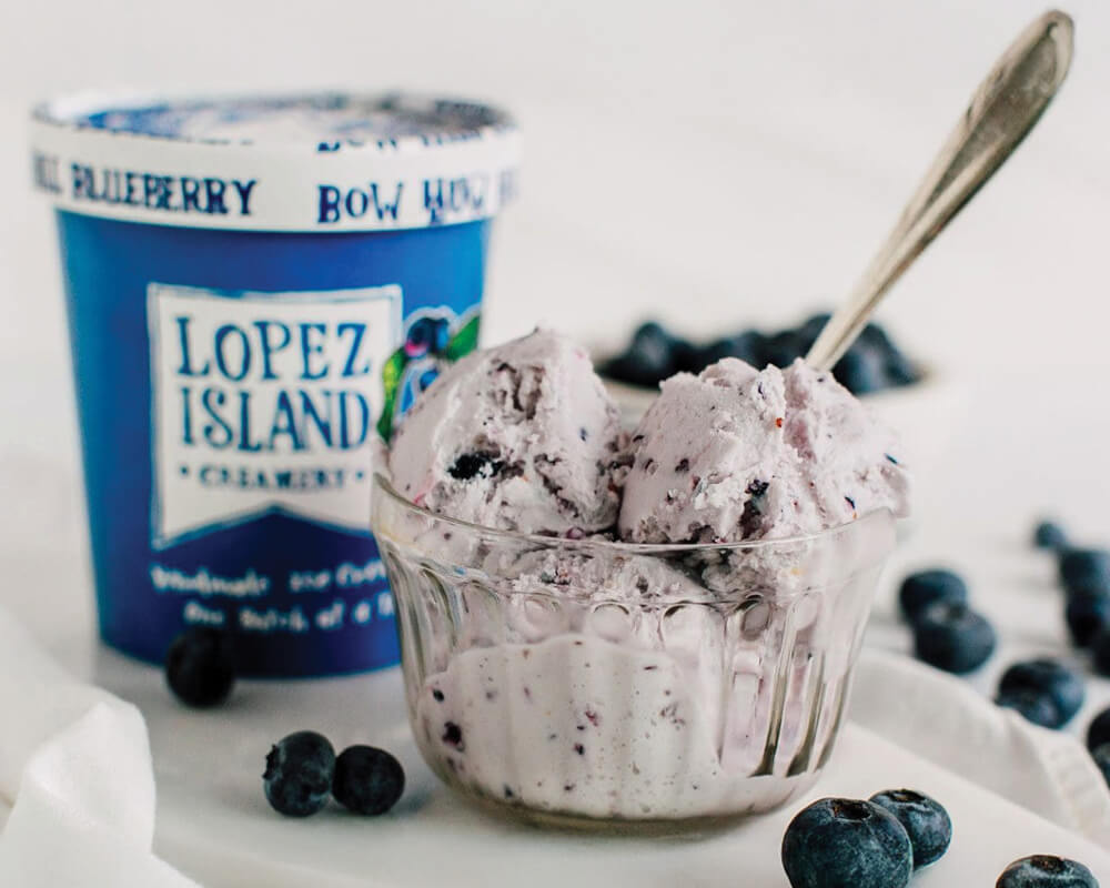 lopez island blueberry ice cream in a bowl and pint container