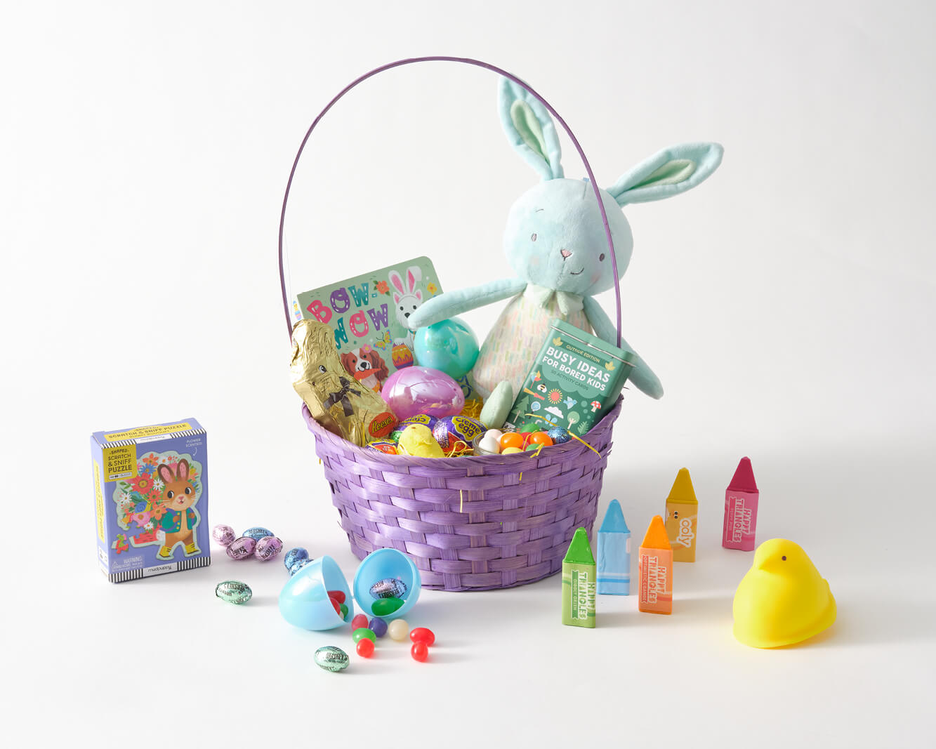 easter basket for young kids with candy, toys, art supplies