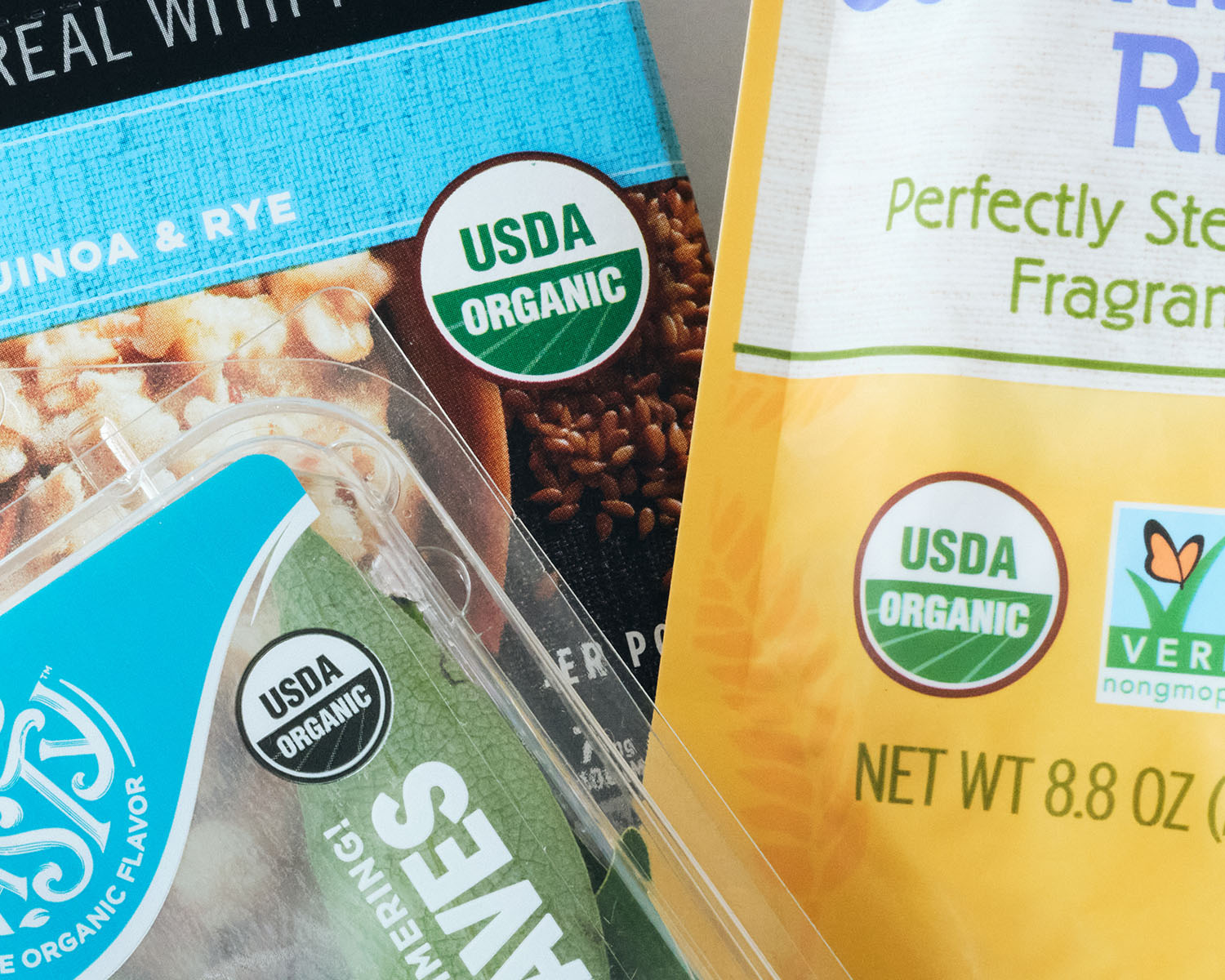Close up image showing the USDA Organic label on food packages.