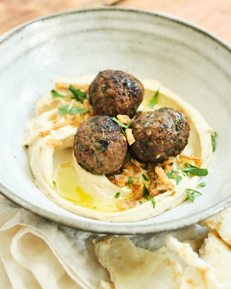 Kofte (Turkish Beef and Lamb Meatballs) and Hummus Platter