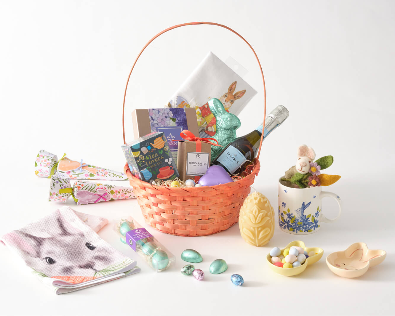 easter basket for adults with candy, candles, housewares