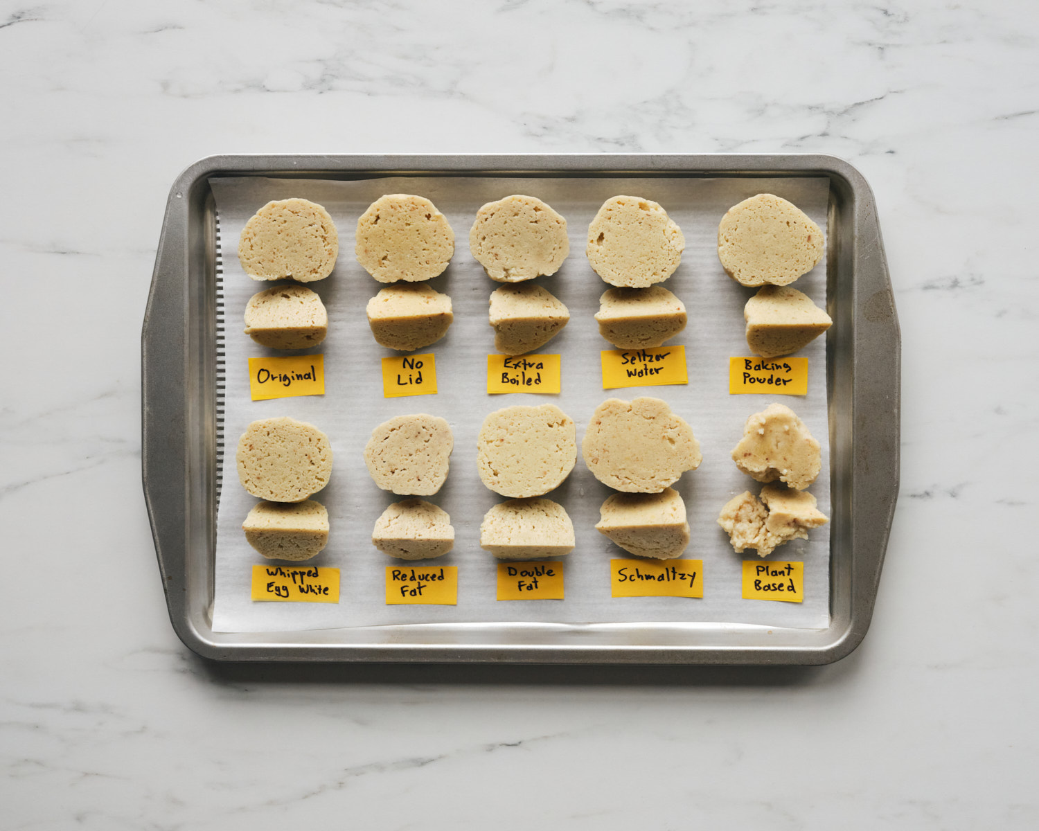 10 matzo balls cut in half and labeled on a sheet pan 